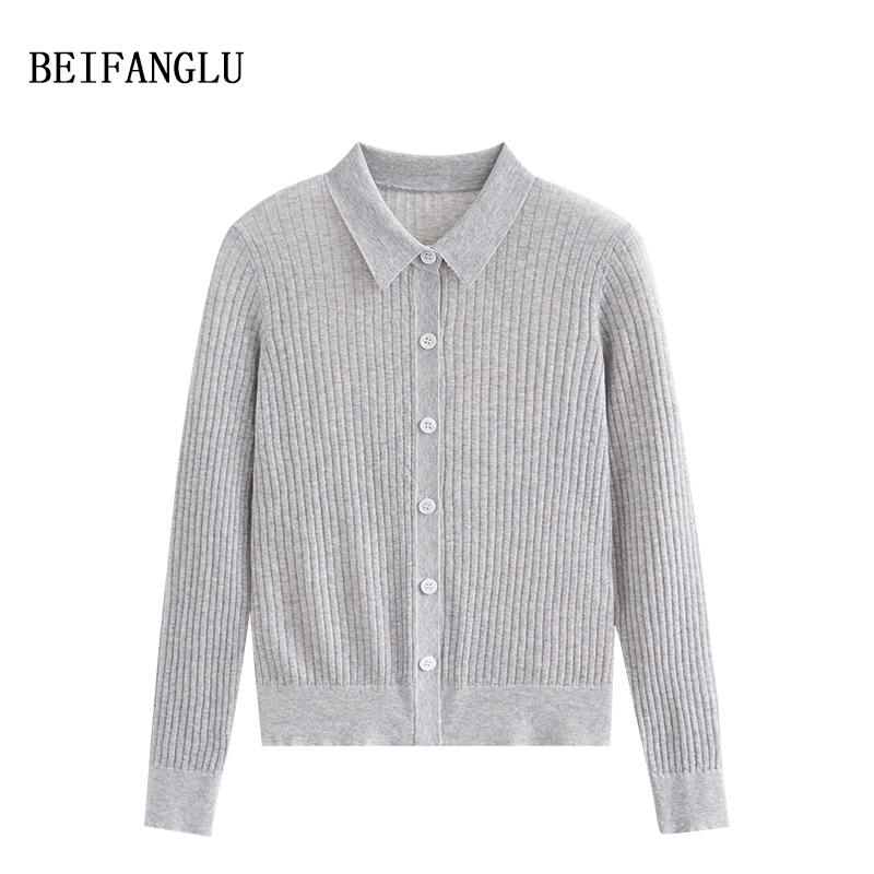 北方鹿 舒适亚麻|简约法式气质POLO领坑条2025早春薄针织开衫2555