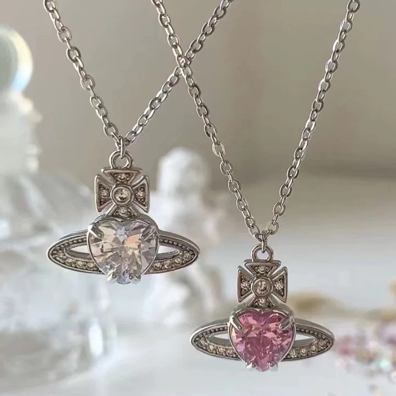 铜合金项链 （MU,YU）粉色白色爱心土星项链x00146