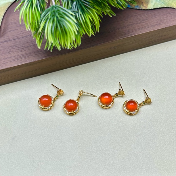 XH123南红冰红圆形耳坠S925银镶8mm+多样性发其一对