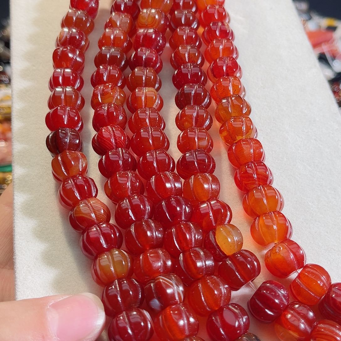 玛瑙/玉髓未镶嵌珠宝半成品红玛瑙雕刻南瓜珠一条20颗13mm