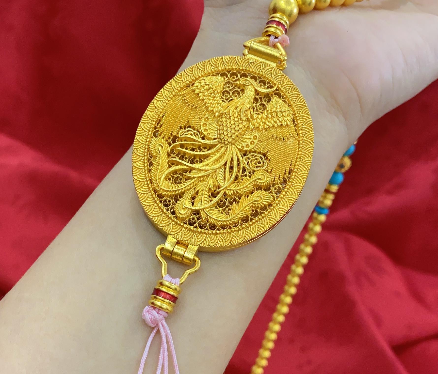 吊坠足银 古法錾刻凤凰于飞双喜牌套链气质显大气手工凤牌挂坠