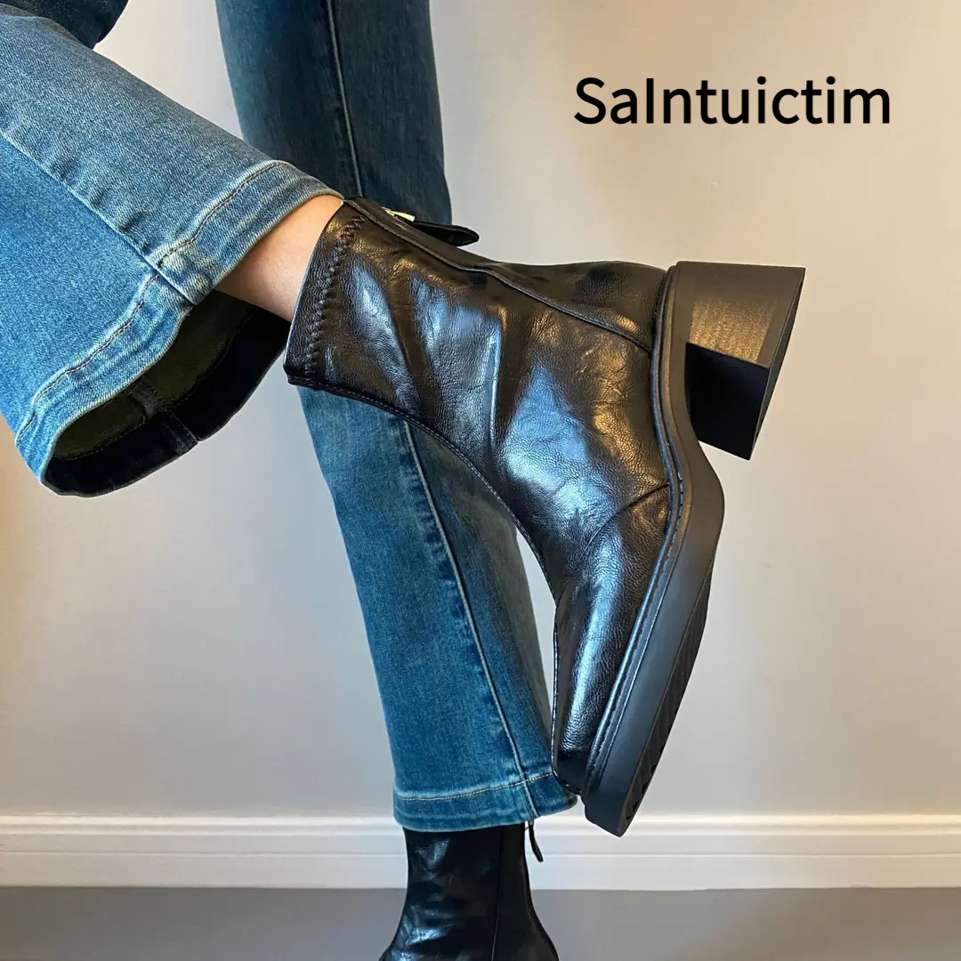SAINTUICTIM复古高跟短靴女方头小众切尔西靴新款粗跟弹力瘦瘦靴
