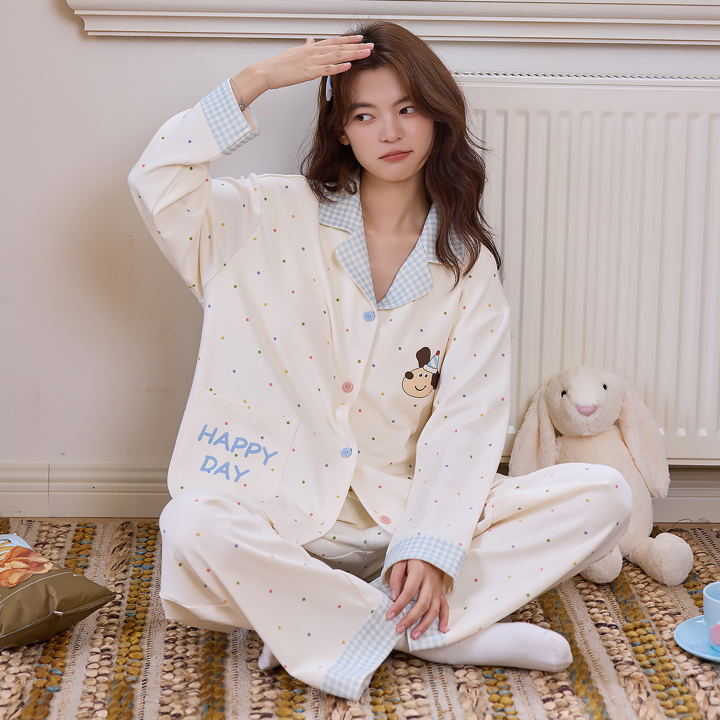 2025新款春秋冬纯棉卡通可爱翻领开衫长袖少女全棉外穿家居服套装