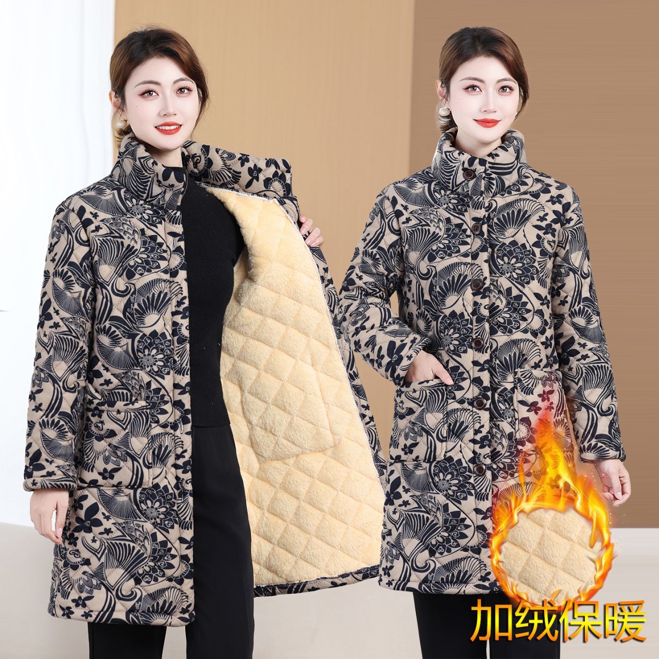 2025冬季新款加绒加厚棉衣中长款棉服青花瓷中老年保暖棉袄7337