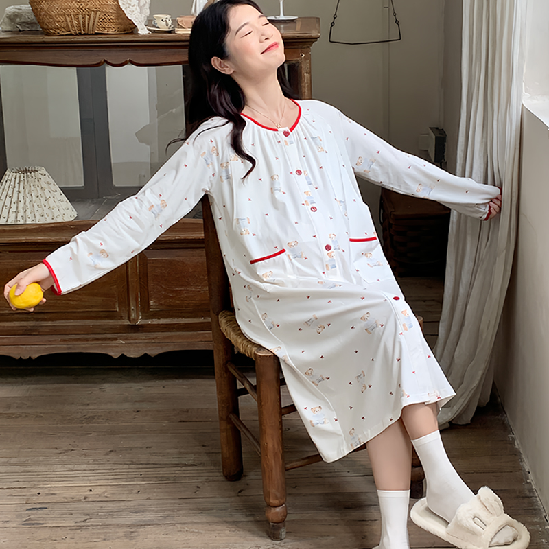 待产裙月子服带胸垫春秋45月份医院进产房磨毛内检孕妇连衣裙