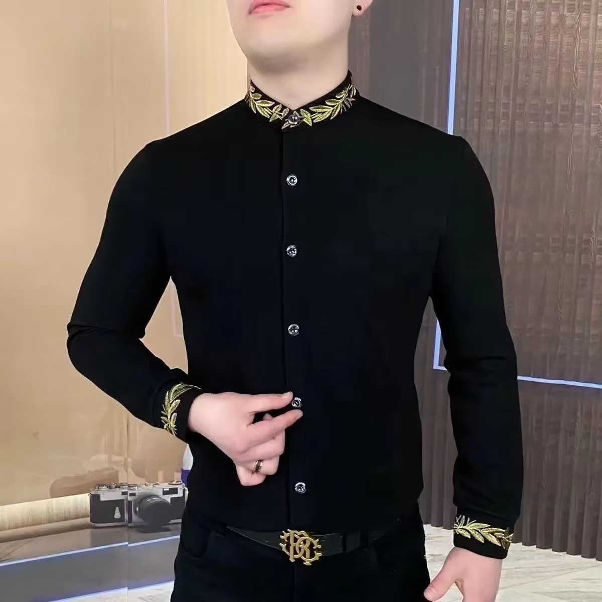法式立领长袖男常规秋季刺绣衬衫黑色男装秋冬开衫