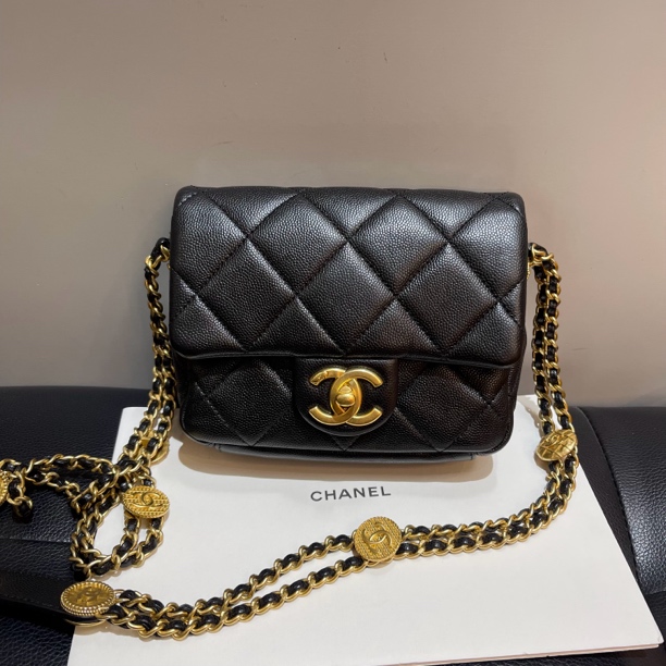 95新 Chanel/香奈儿 Chanel 香奈儿黑金 菱格纹 荔枝牛皮金币链条