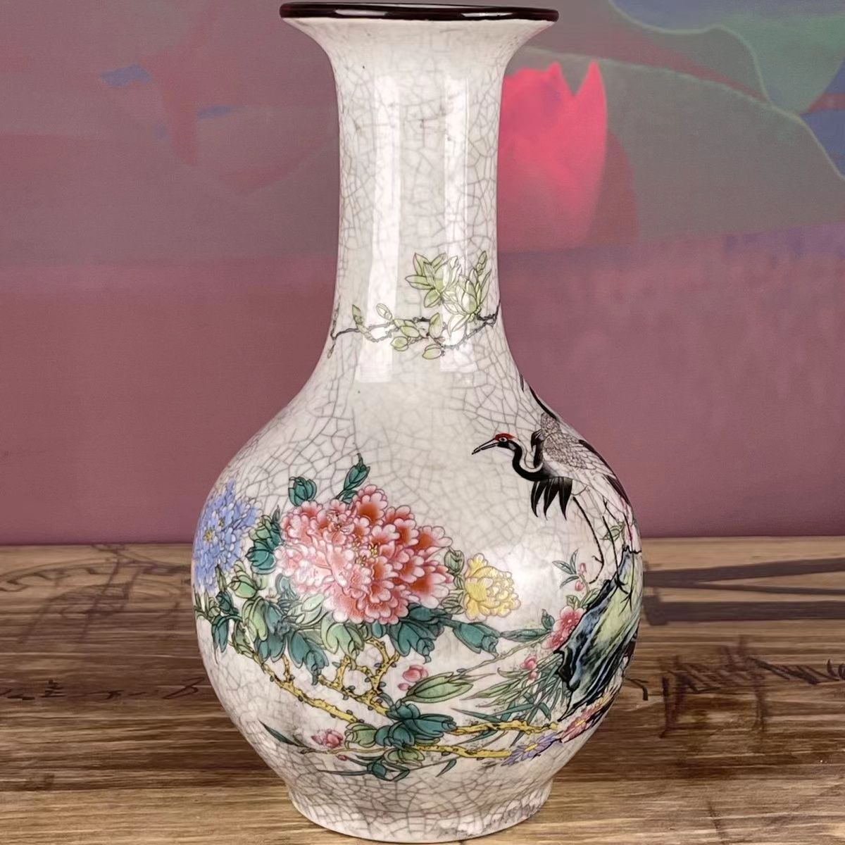 手工手绘古松鹤迎春赏瓶摆件