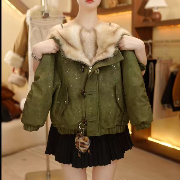 冬季新款加绒加厚皮衣外套大翻领轻奢风女童宝宝童装时尚外套潮