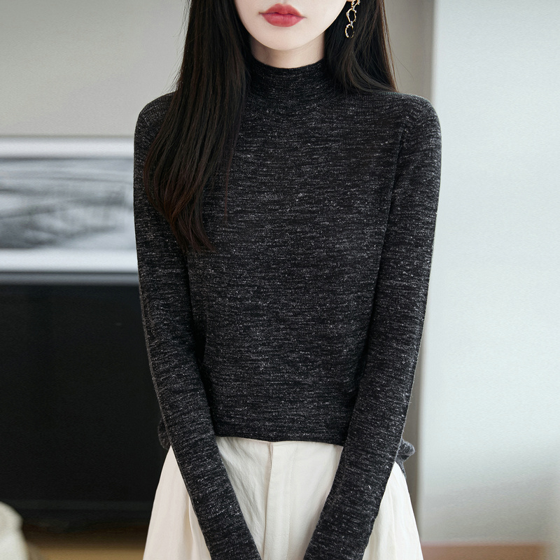新款亚麻半高领针织衫女彩麻薄款打底衫显瘦百搭长袖可内搭上衣