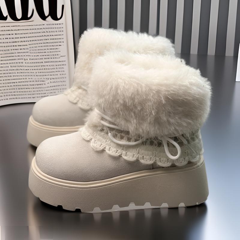小个子厚底增高毛毛雪地靴女2025新款冬季显瘦绑带加绒加厚短靴子