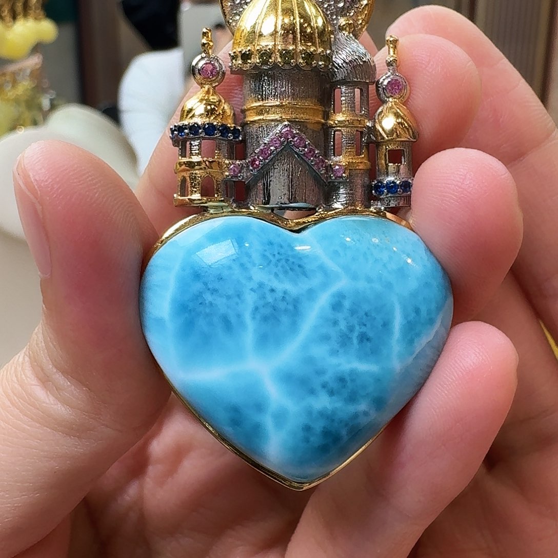 针钠钙石（海纹石）银S925镶嵌颈饰吊坠