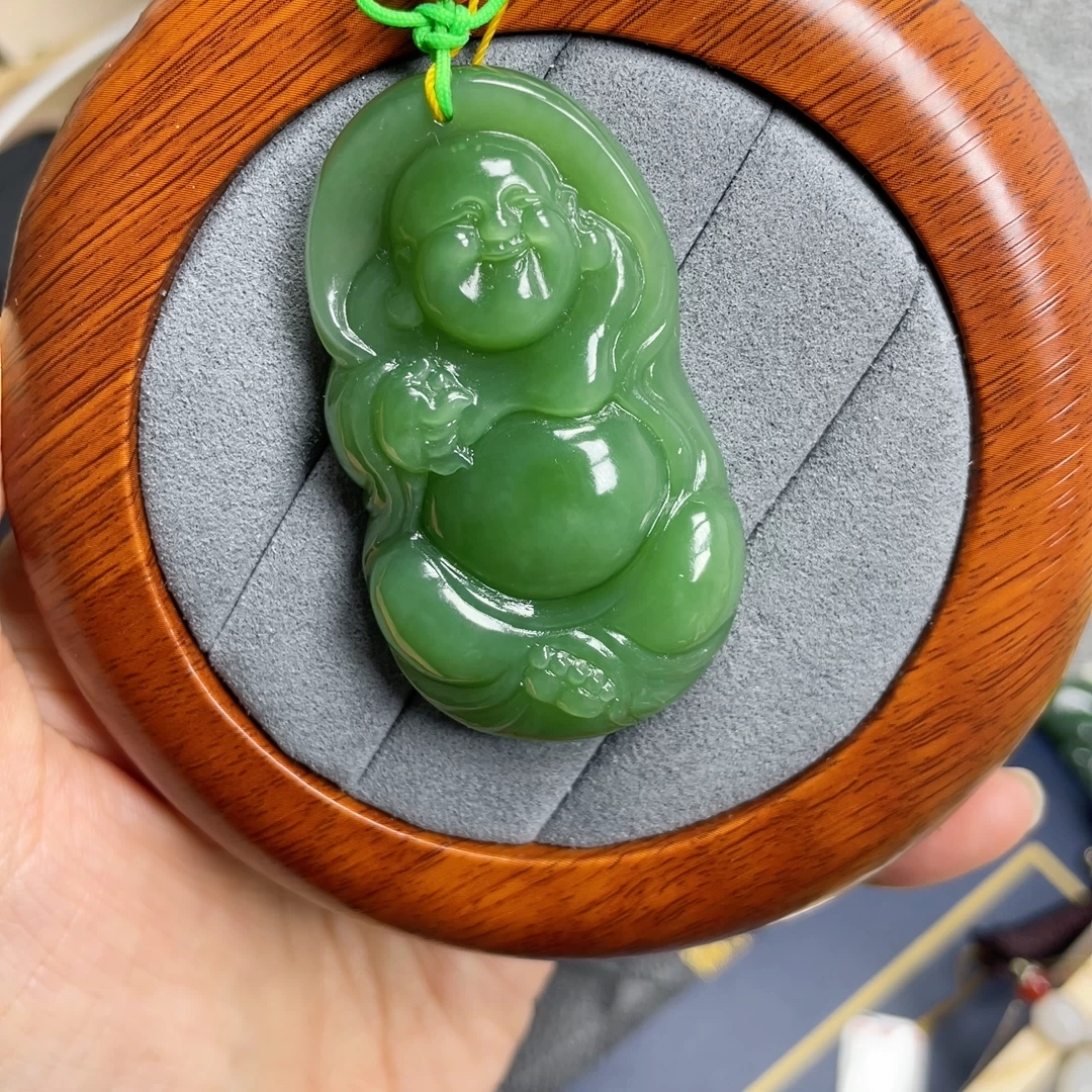 猴教授珠宝纯天然和田碧玉菠菜绿俄料弥勒佛吊坠随形吊坠