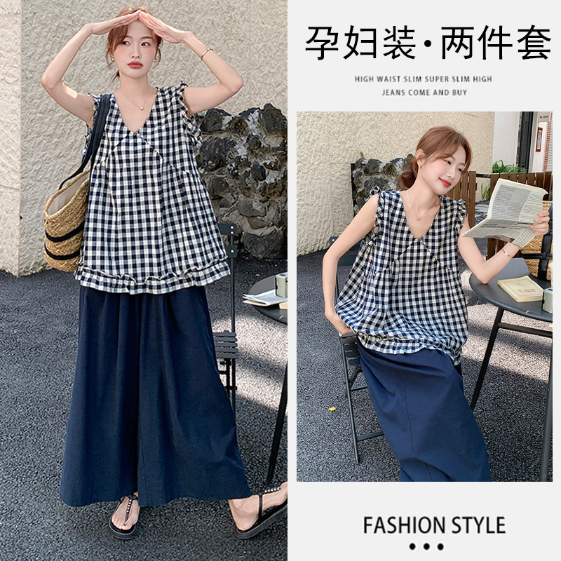 孕妇装新款韩系式法休闲格子无袖花边上衣抽绳阔腿裤孕妇两件套装