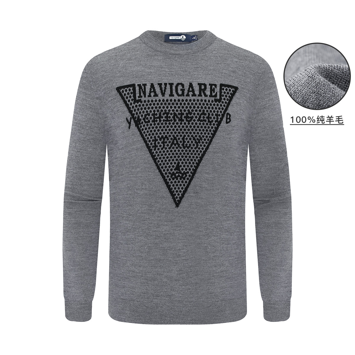 Navigare意大利小帆船100%羊毛提花长袖针织衫圆领男士羊毛衫