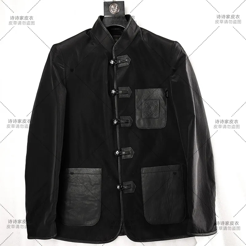胎牛配布唐装 胎牛真皮男士立领中式皮衣中国唐装上衣盘扣外套