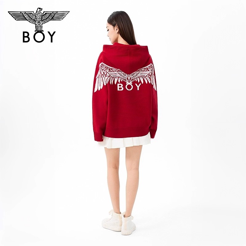 【赤羽浮梅】BOYLONDON冬季潮流套头连帽时尚红色情侣毛衣N60903