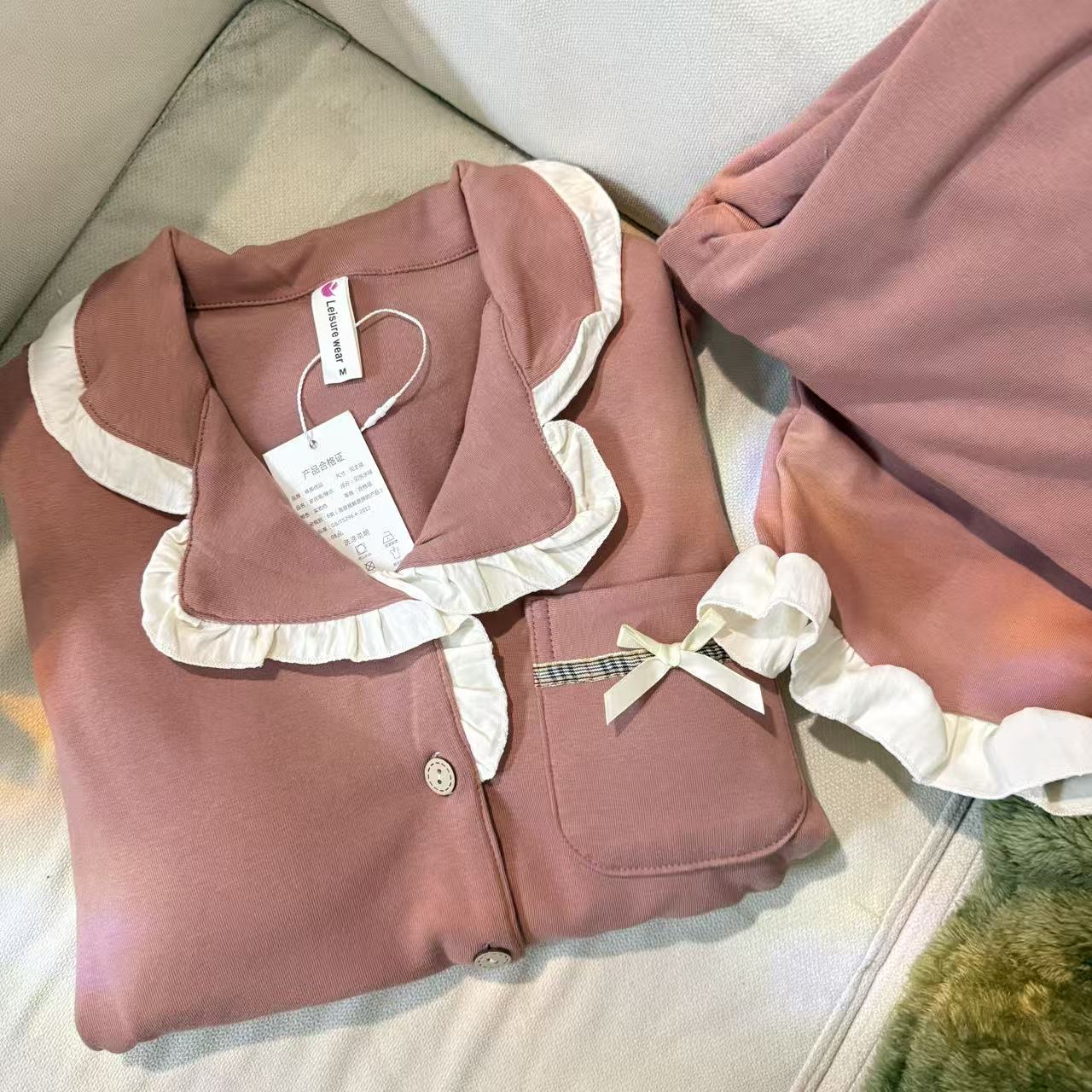 女士秋冬季简约开衫花边带胸垫家居服套装