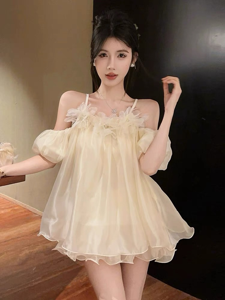 （xy定制）156-082温柔纯欲性感露肩超仙独特立体花中长款绝美上衣