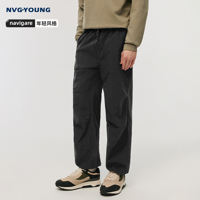 NVG·YOUNG意大利小帆船黑色休闲长裤男春季伞兵裤抽绳松紧裤子