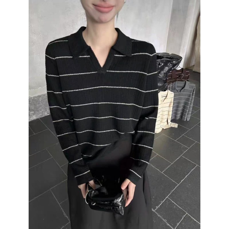 Kerin-{茄梵}打底衫法式老钱学院撞色条纹polo领细条纹潮流好物新