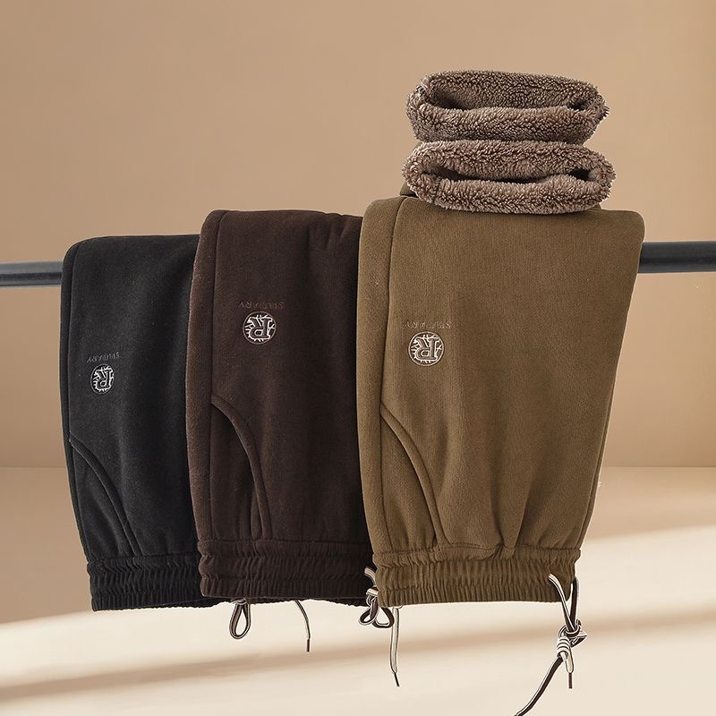 冬季加绒加厚爆款刺绣松紧腰女裤宽松休闲百搭长裤口袋休闲裤保暖