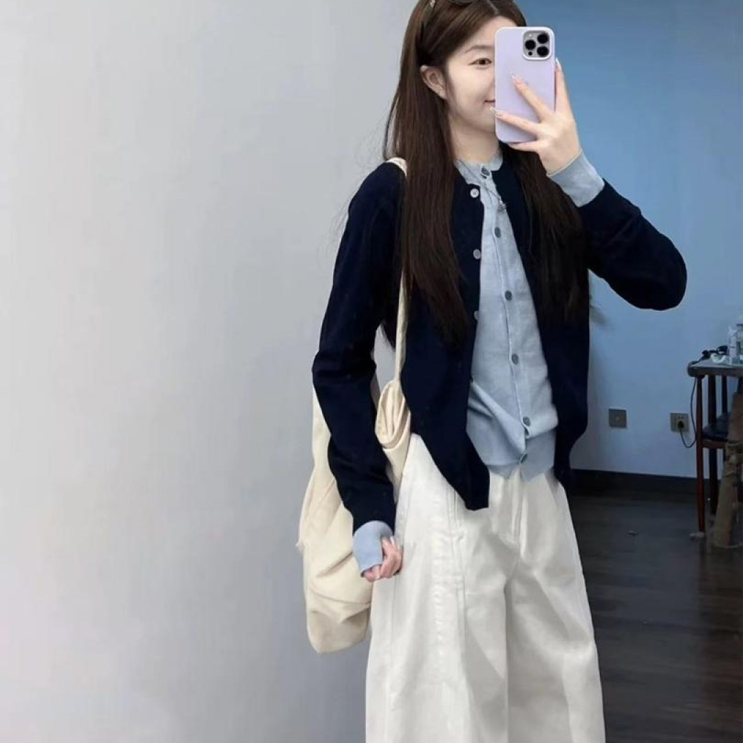 2025秋季新款松弛感穿搭假两件针织开衫气质甜美直筒牛仔裤两件套