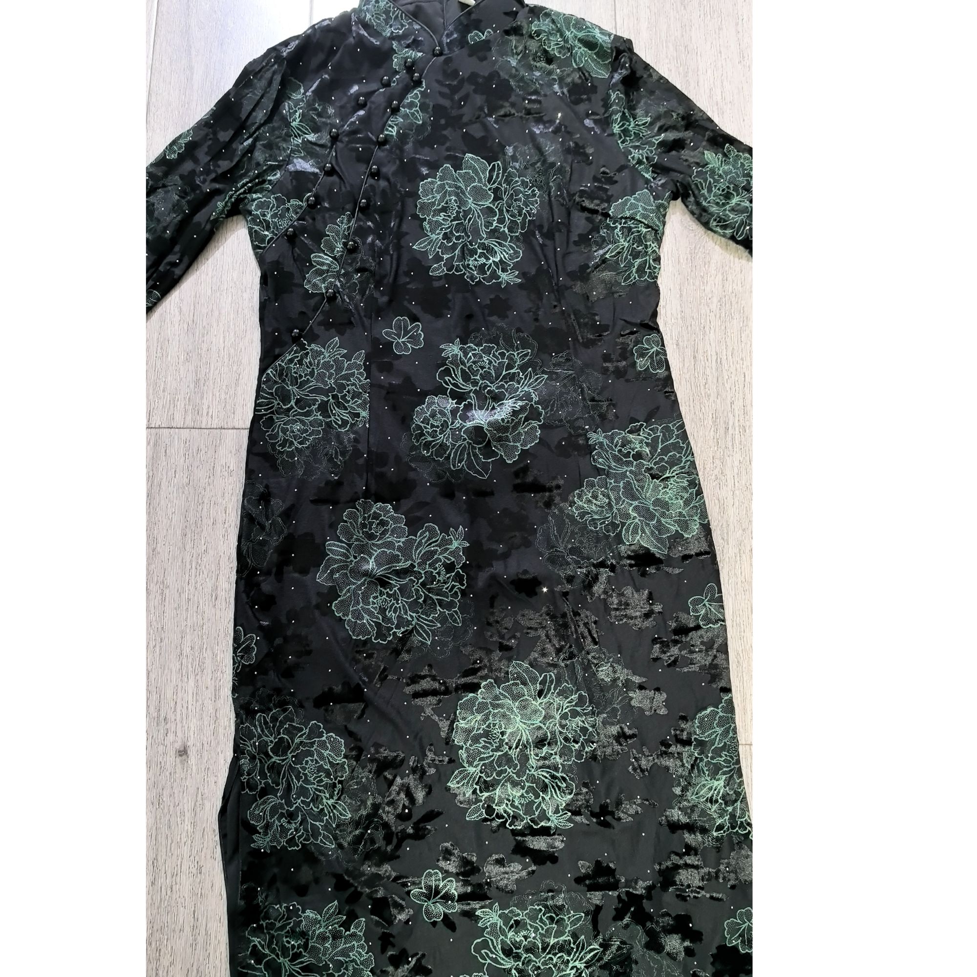 诺妮-早秋新款植绒提花亮钻优雅旗袍