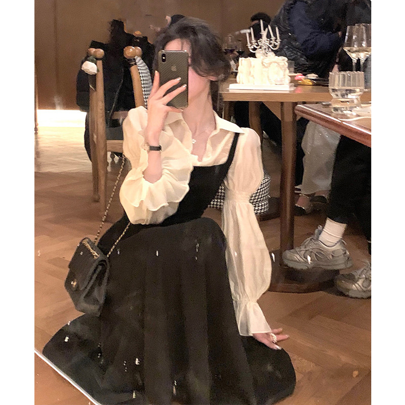 2025秋季高级感气质女神范高端白色衬衫黑色连衣裙子两件套装女