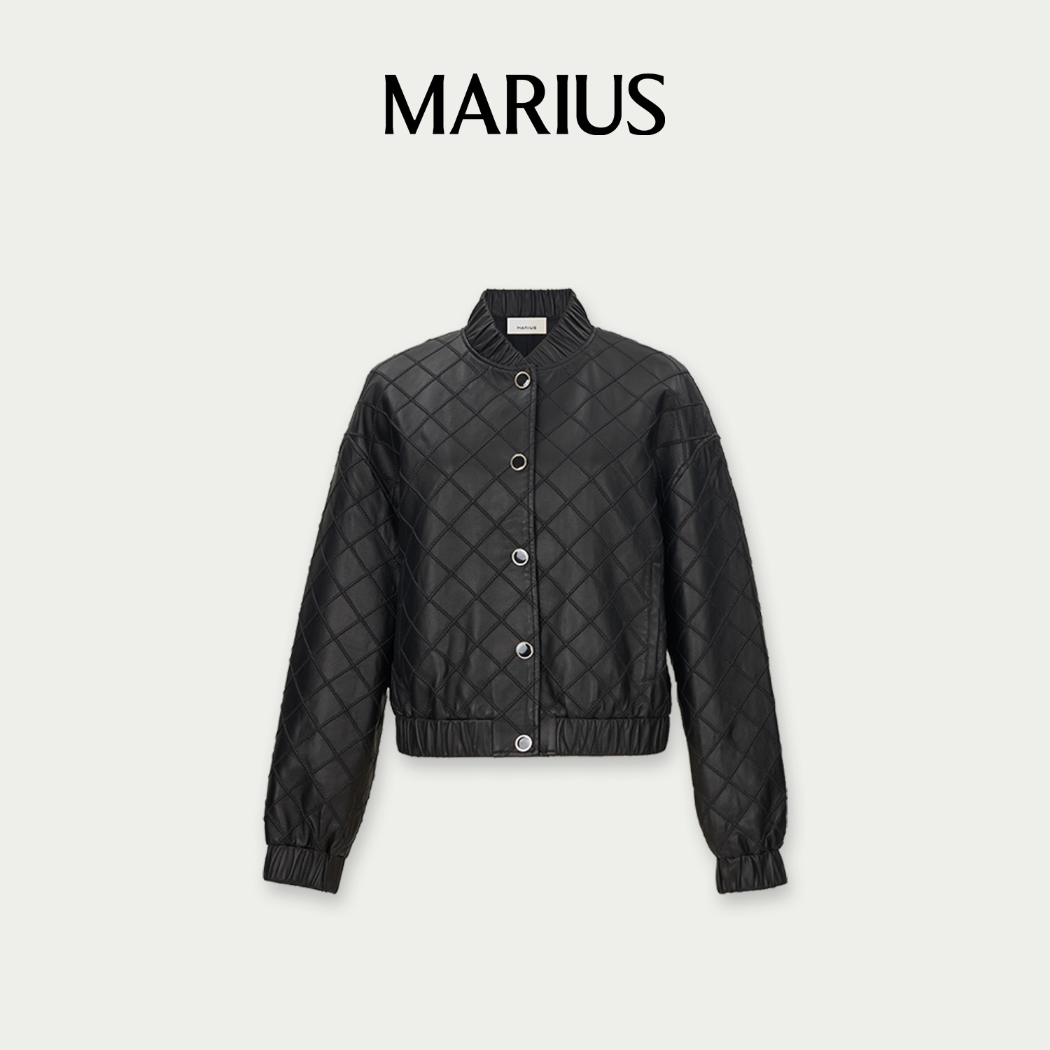 MARIUS“加布里埃精英版”刺绣菱格纹短款立领皮衣长袖夹克