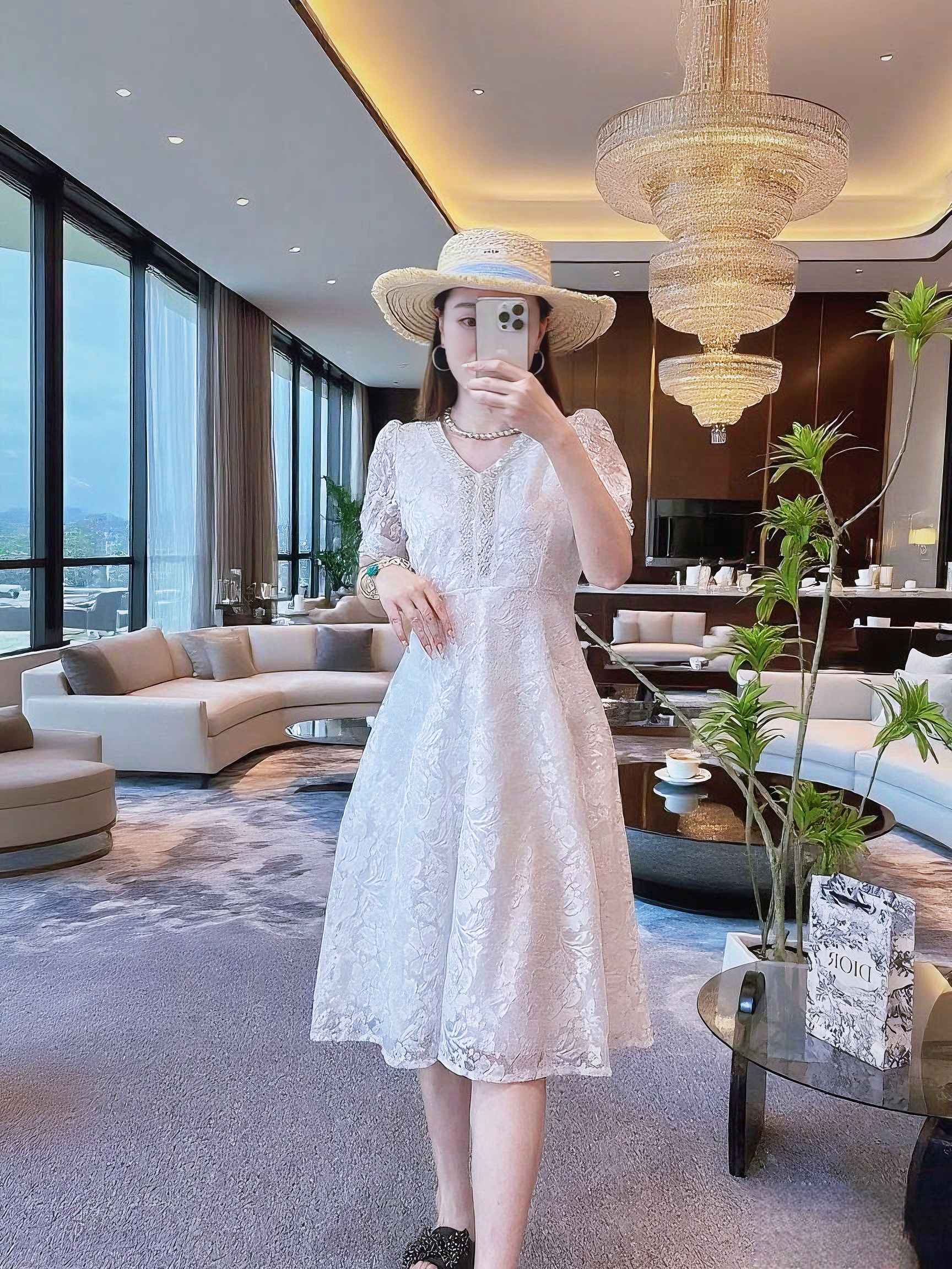 【二哥专属】长款V领女夏短袖外穿裙子气质温柔蕾丝精致气质连衣裙