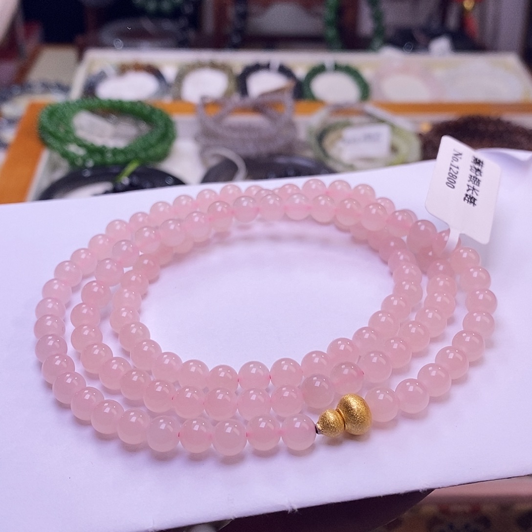 颈饰未镶嵌和田玉藕粉银镶项链6MM