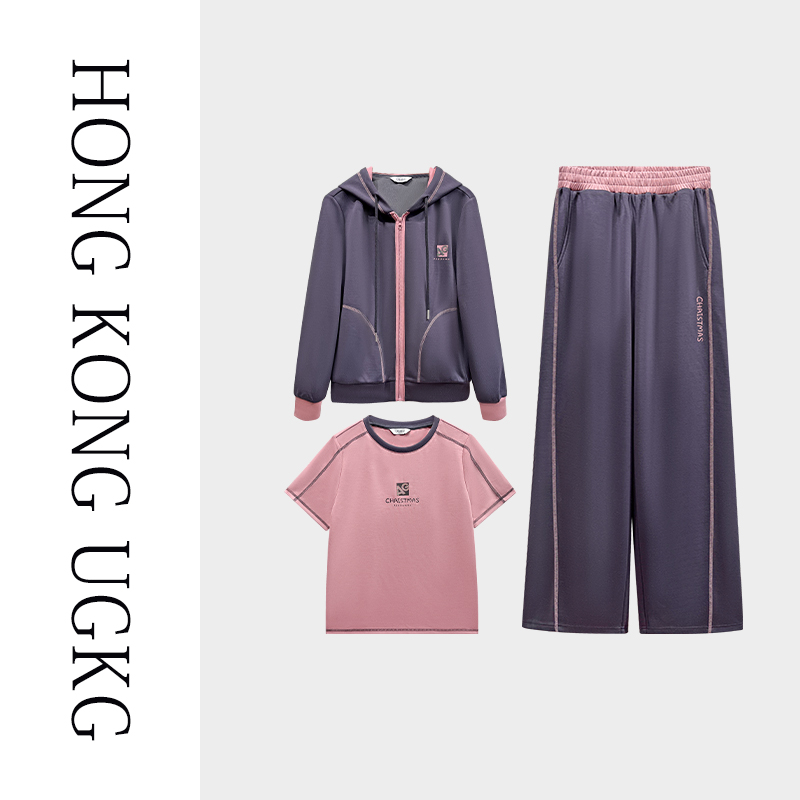 香港UGKG 撞色运动套连帽拉链外套直筒长裤三件套73251ZH028