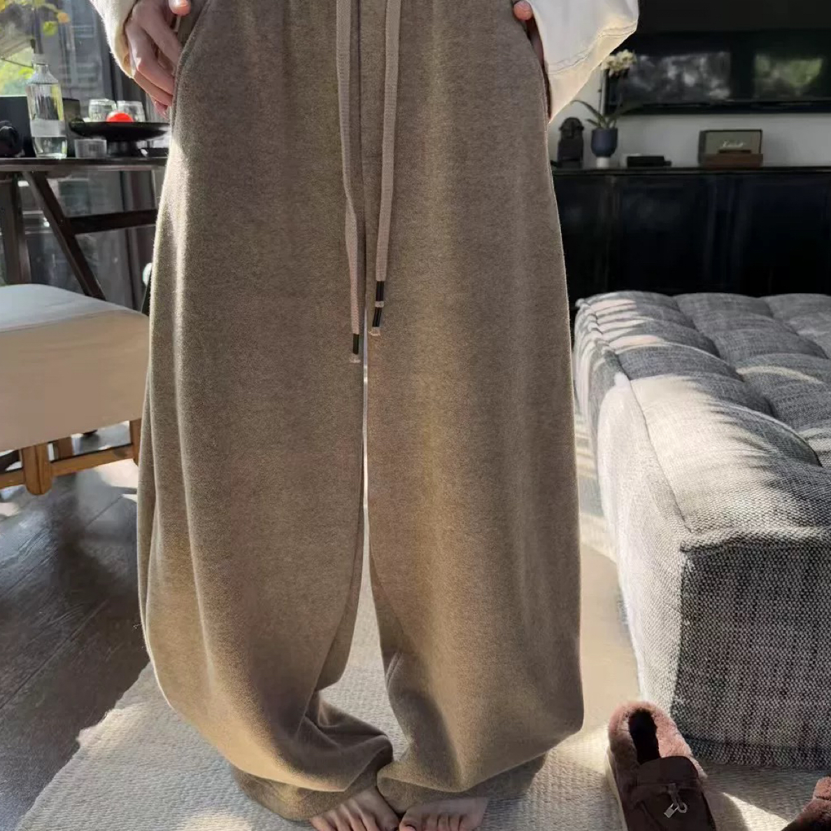 AIT 燕姐【羊绒毛呢】冬季加绒加厚高腰垂感弯刀显瘦阔腿休闲裤