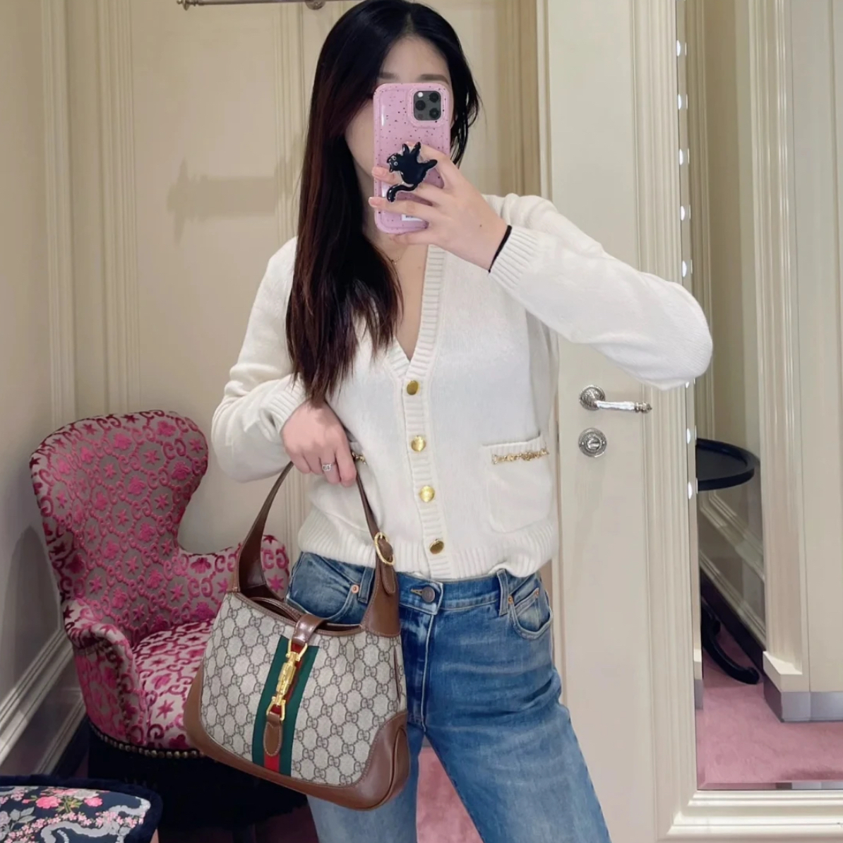 未使用 GUCCI/古驰 白色马衔扣针织开衫 Xs码 全新