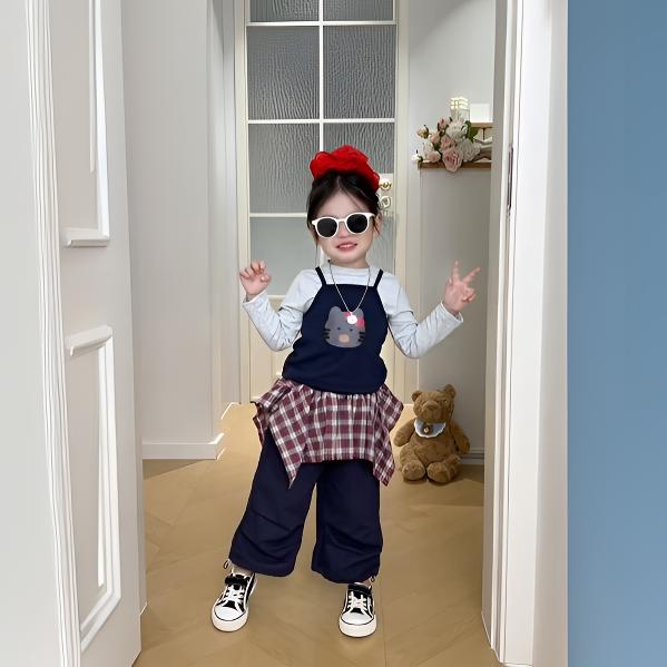 女童2025秋季韩版真两件长袖T恤格子屁帘工装小童套装洋气三件套