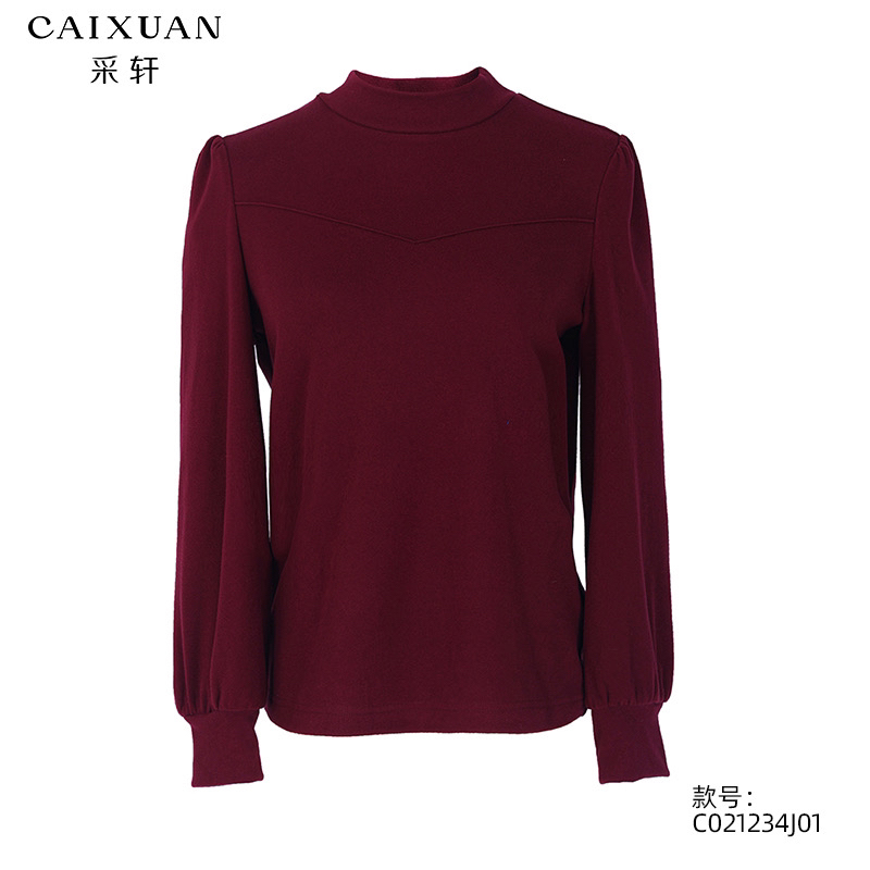  C021234j01CAIXUAN采轩设计感小众半高领薄绒修身泡泡袖打底衫