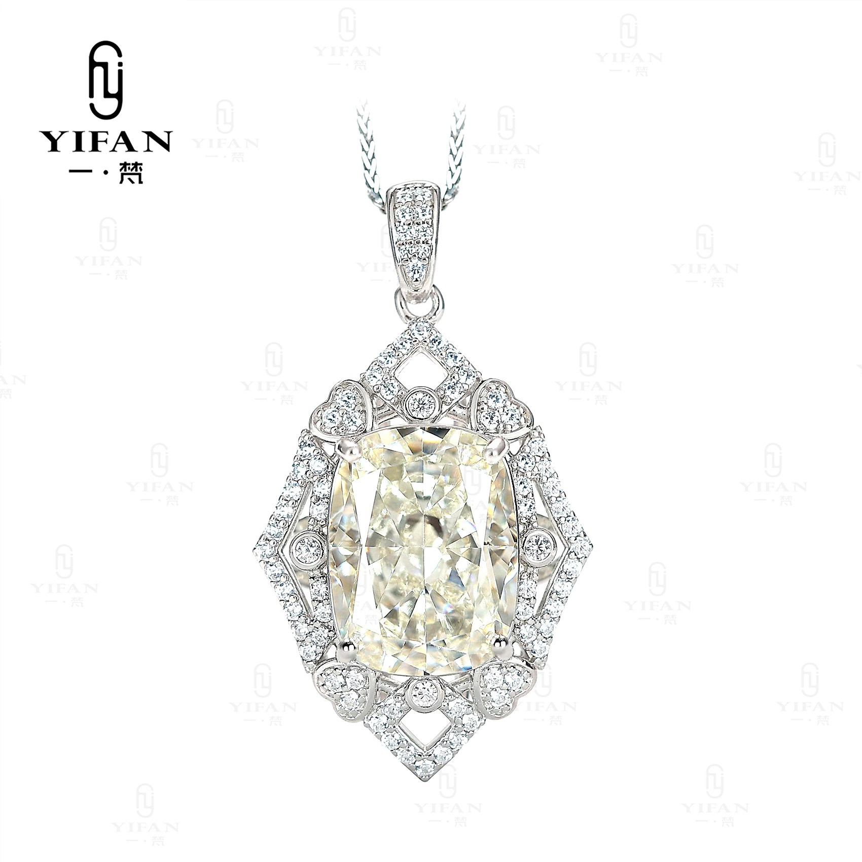 坠链均925银合成锆石 2125-设计师款白方形宫廷风满钻时尚项链