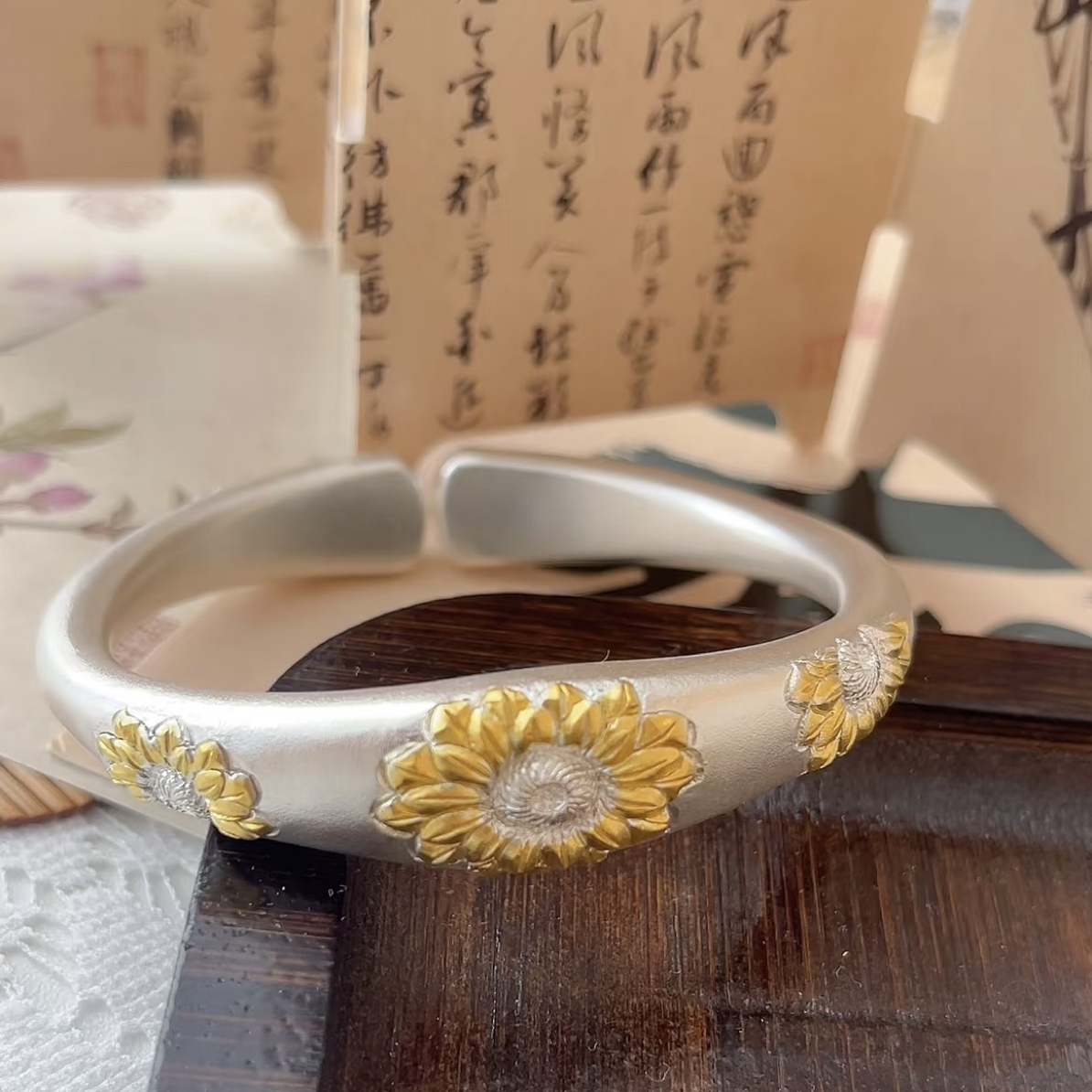 足银手镯 银鹤轩“向阳”纯手工向日葵錾刻贴金足银999.9手镯镯子