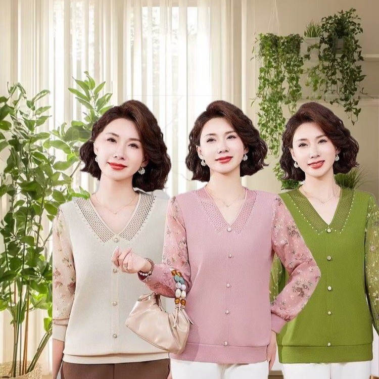 时尚妈妈秋装长袖针织烫钻中年纱袖新款上衣中老年女士秋打底衫