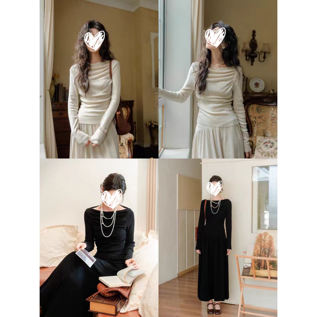 老钱风松弛感针织套装女捏褶收腰显瘦长袖上衣半身裙两件套22800#