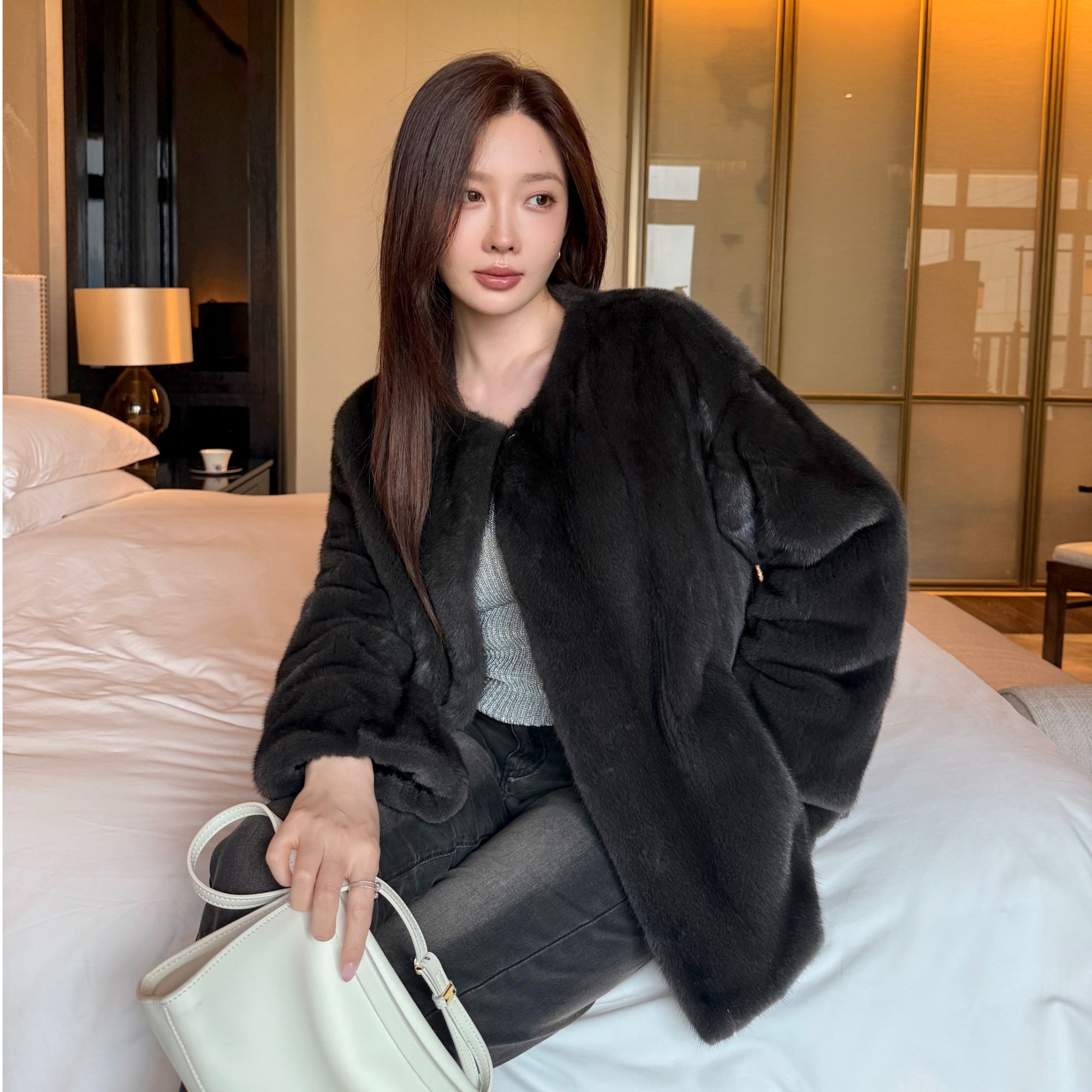 【NaNa新年战袍】进口丹麦天鹅绒紫标皮草貂皮圆领整貂显瘦海宁皮草