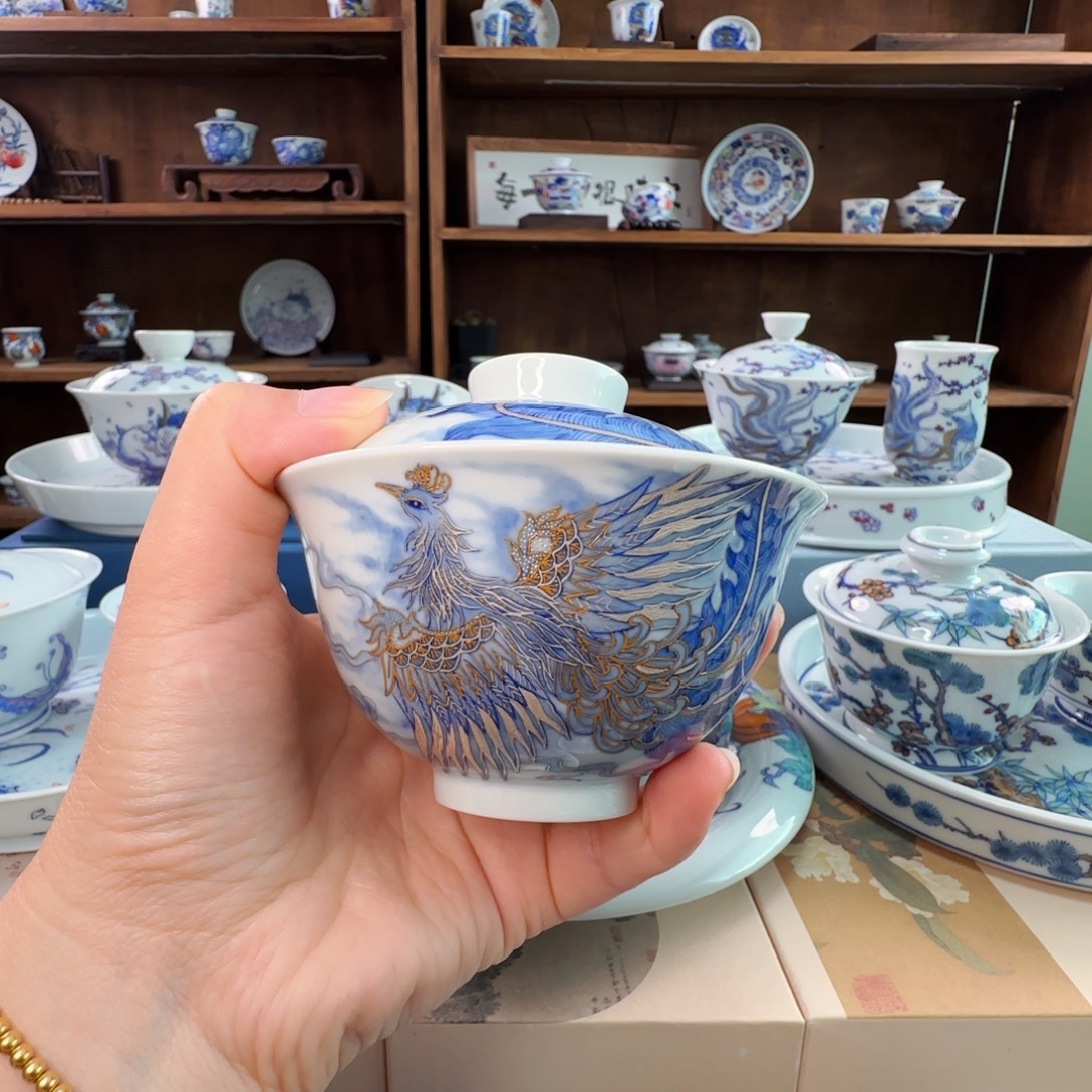 景德镇手绘青花描银凤凰盖碗