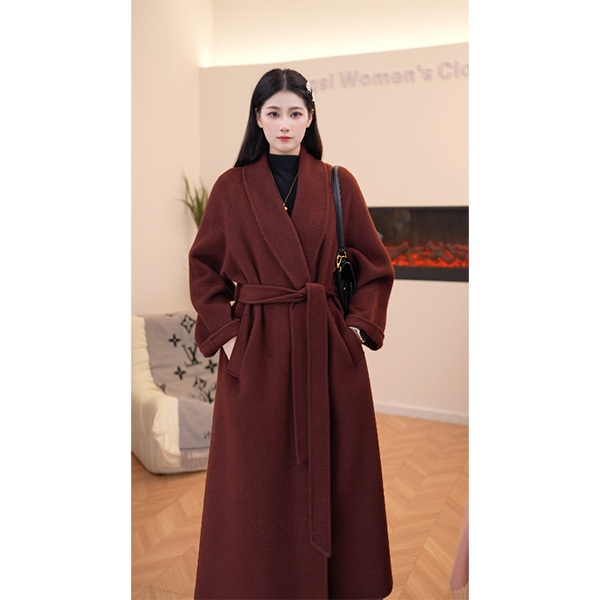 曼诺2025新款浴袍款女外套秋冬亮色翻领长款双面绒大衣