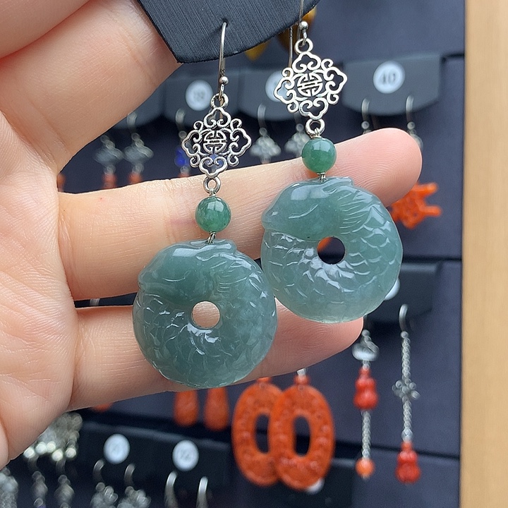 翡翠耳饰银S925镶嵌萌55555