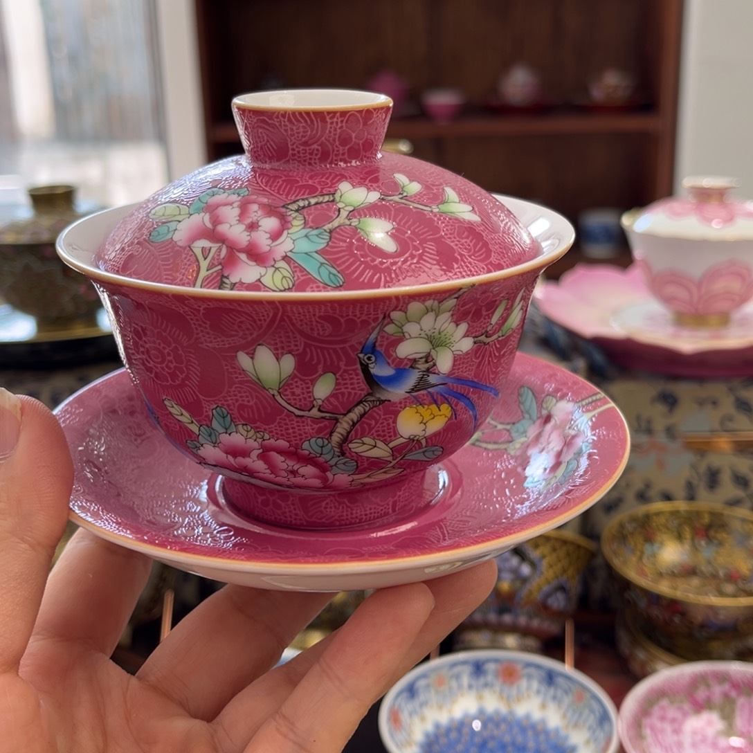 全手工全手绘耙花三才盖碗