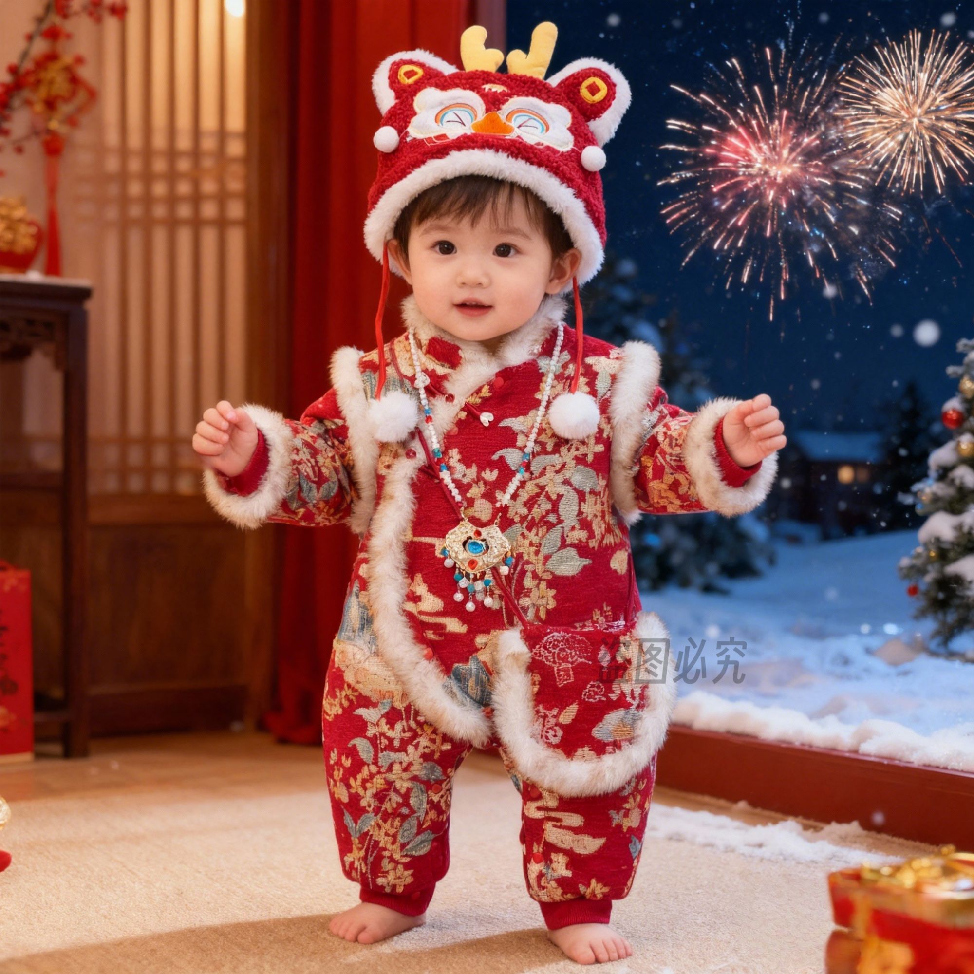 冬季新款婴幼儿国风拜年服加棉加厚宝宝外出爬服锦绣哈衣