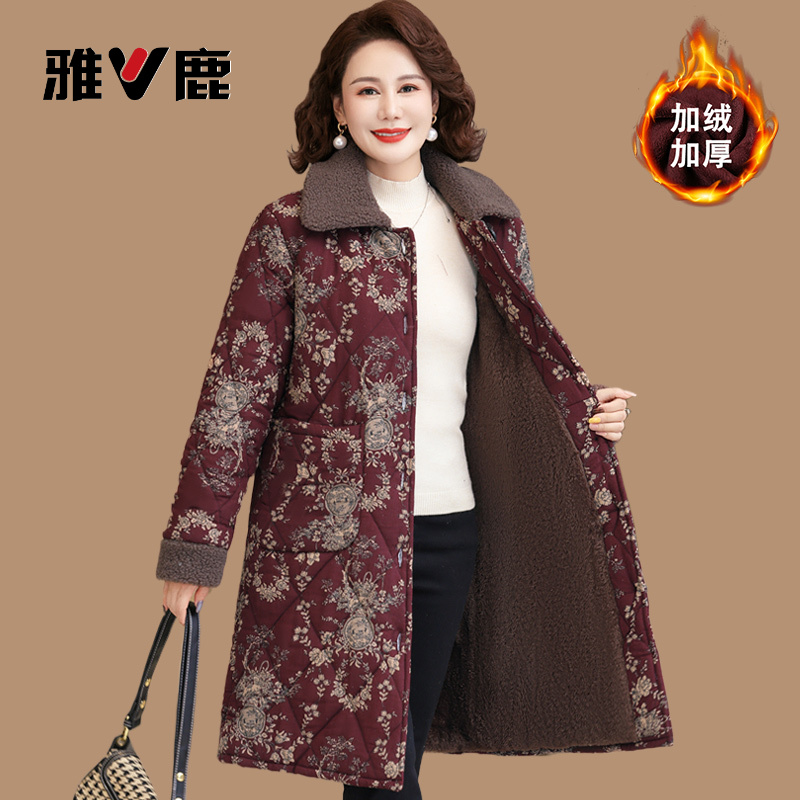 雅鹿棉衣外套长款妈妈冬装加绒加厚棉服中老年人奶奶宽松碎花保暖