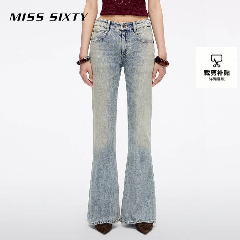 Miss Sixty2025秋季新款牛仔裤女刺绣中腰复古洗水微喇叭长裤