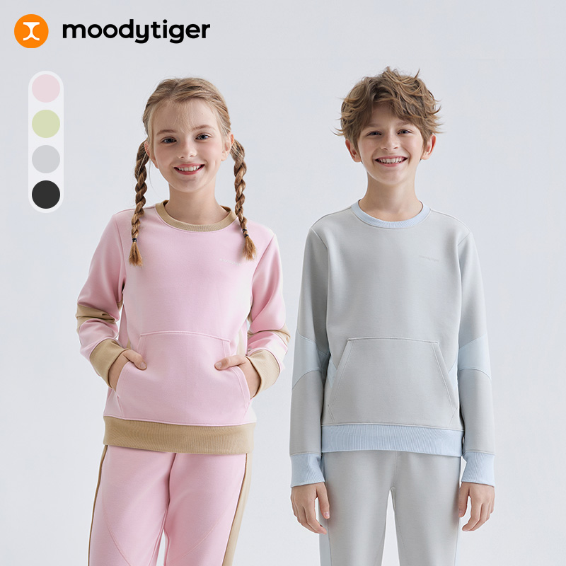 moodytiger儿童奶皮衣圆领花纱卫衣透气撞色长袖上衣51510309【H】